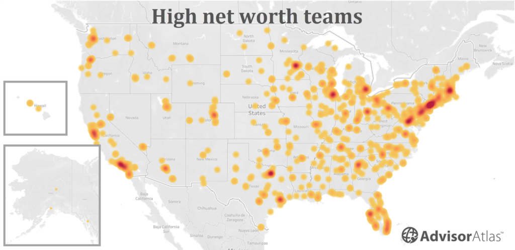 Map of high net worth teams (identified by Advisor Atlas) across the USA