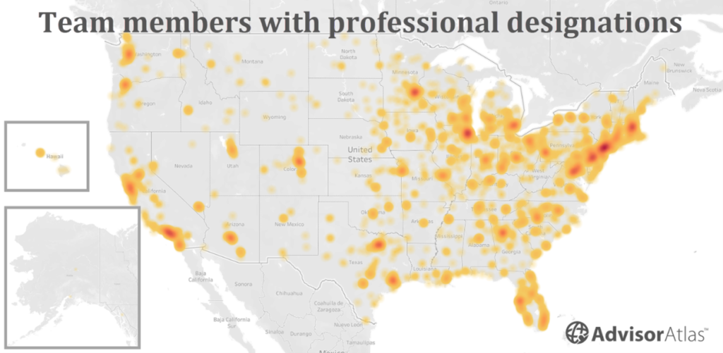 Map of advisor team members with professional designations (identified by Advisor Atlas) across the USA